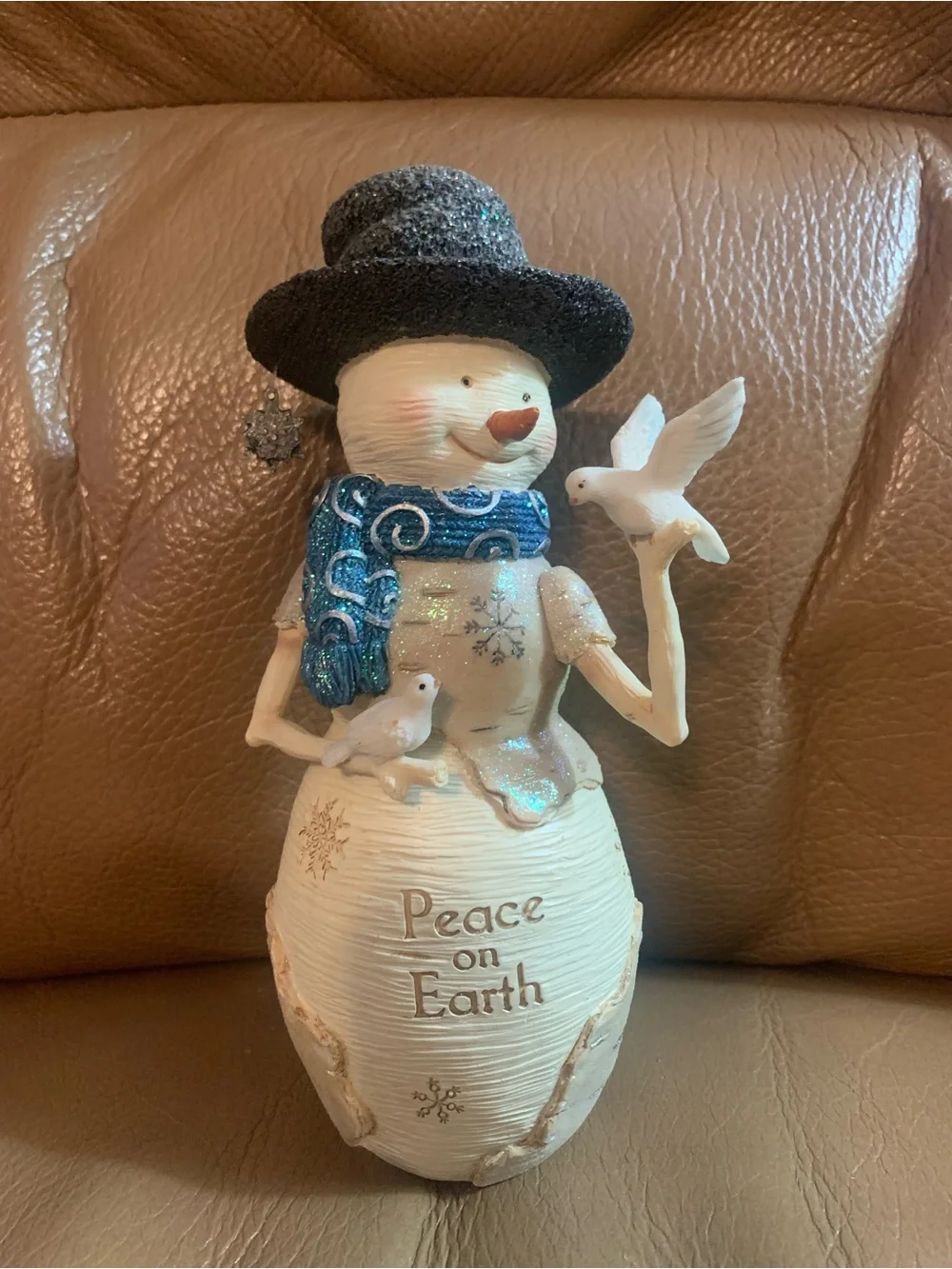 White Snowman Figurine with Blue Scarf — Peace on Earth Holiday Decor